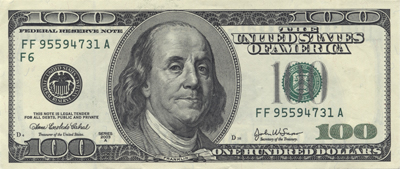 Franklin on the current (Series 1996) hundred dollar bill.jpg